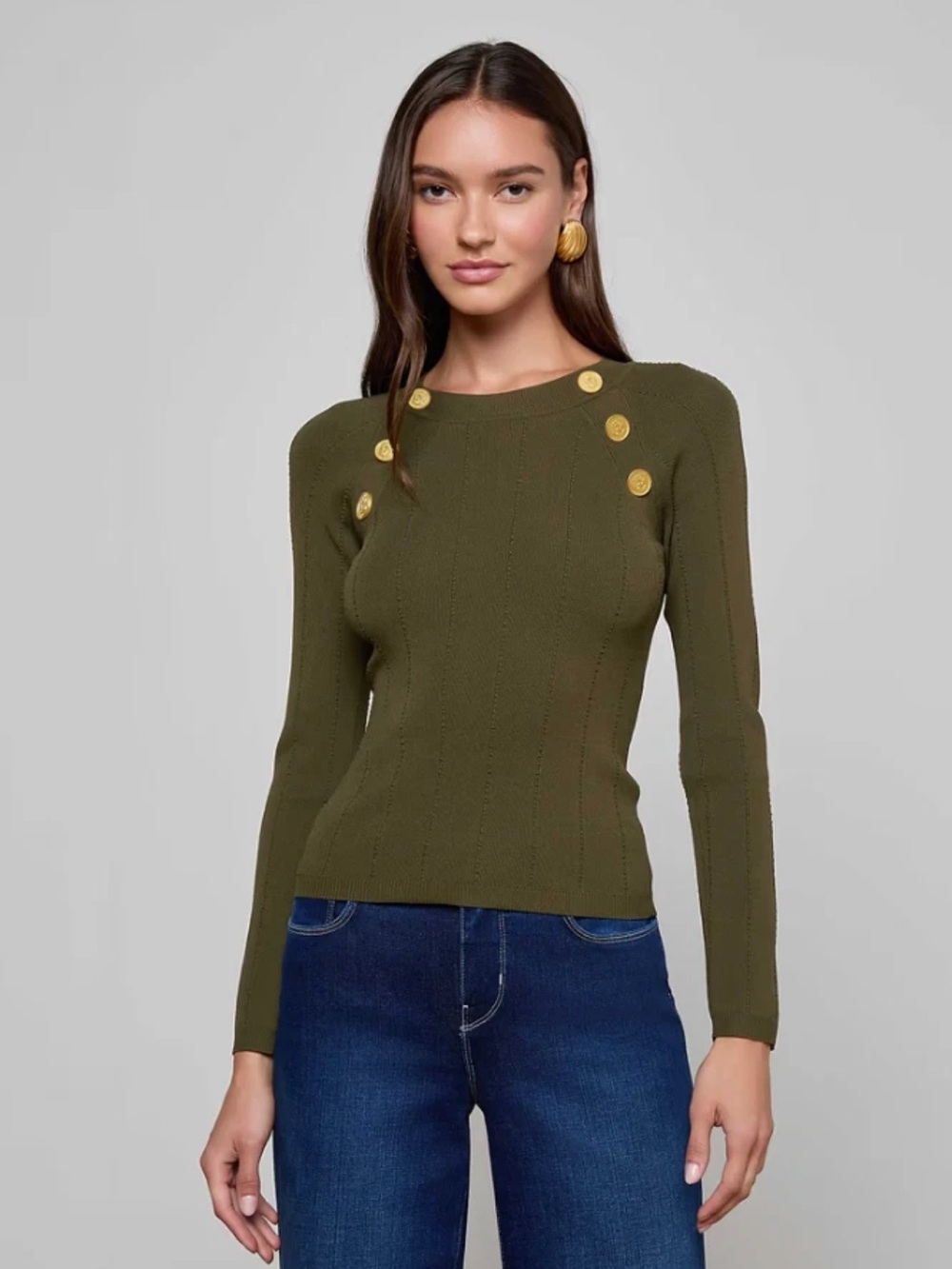 L'AGENCE Gretchen Pullover Sweater NWT Olive Long-Sleeve Top Gold Buttons